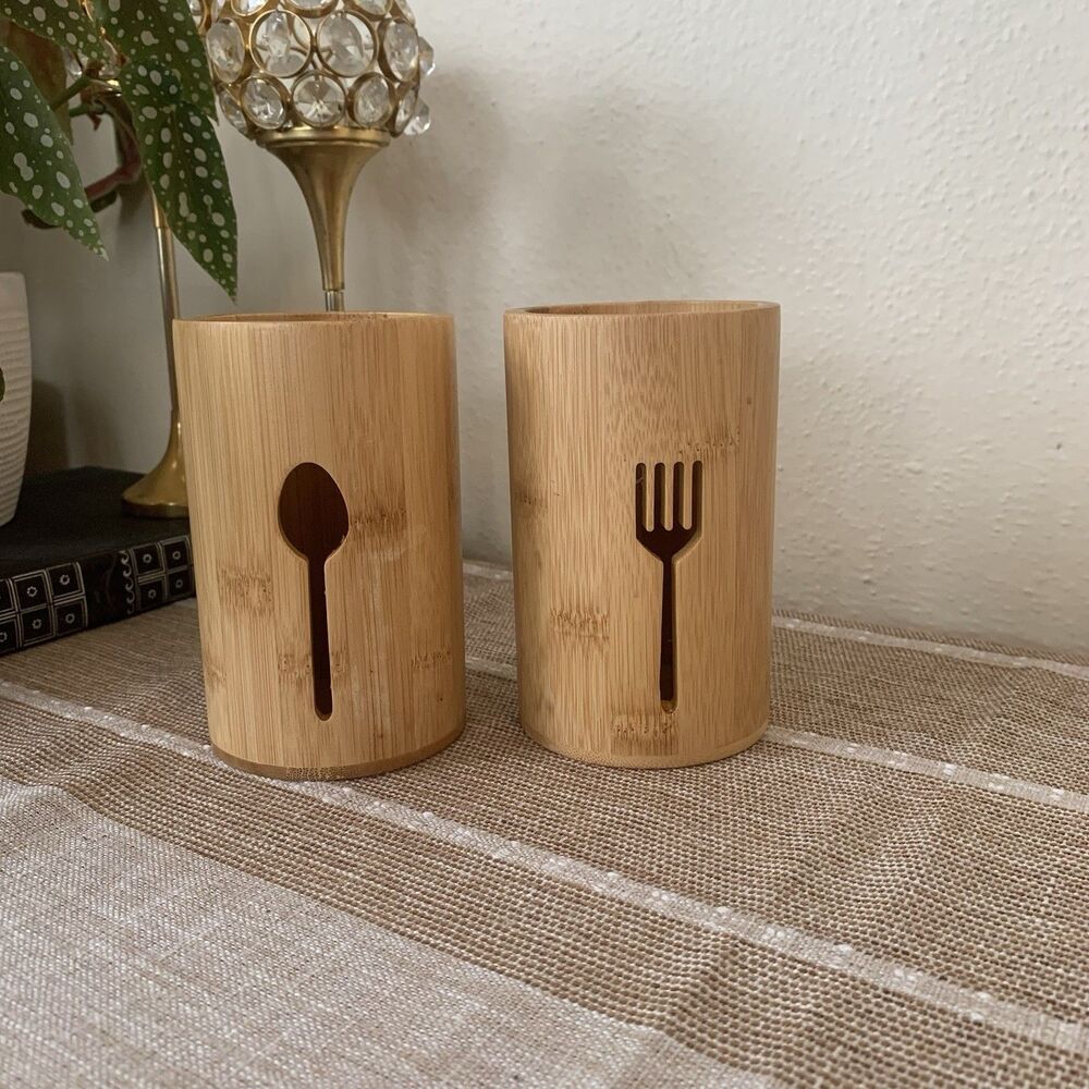 Sophie & Panda Bamboo Tableware Storage Container Spoon Knife Set, Self Draining